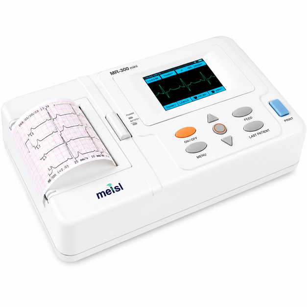 Maestros MR 300 Mini 3 Channel ECG Machine with 12-lead acquisition, colour TFT display and thermal printer available at Health Yantra Store