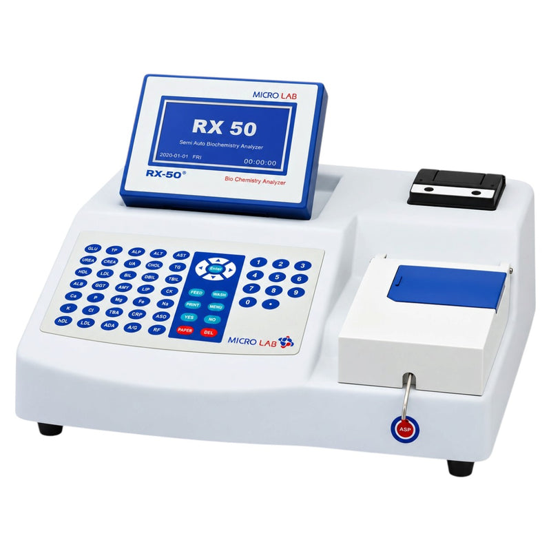Microlab RX 50 biochemistry analyzer featuring a built-in thermal graphic printer with 57 mm paper width.