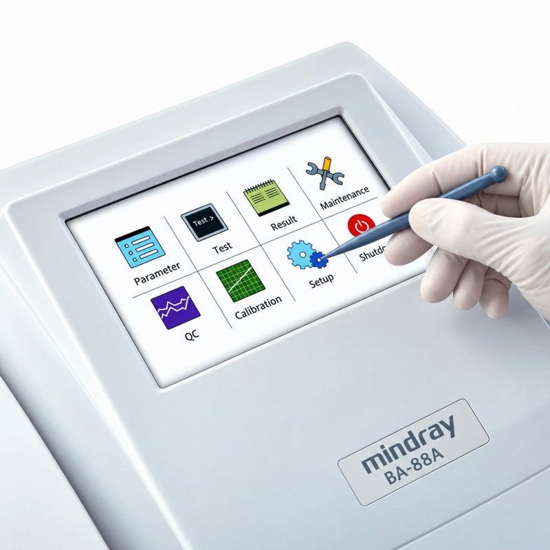 Mindray BA-88A biochemistry analyzer featuring a 7-inch TFT touchscreen display for laboratory operation.