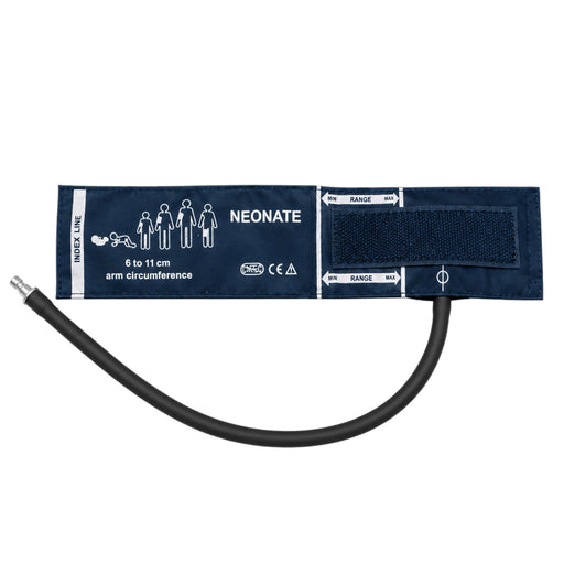 A neonate blood pressure monitor with a navy blue cuff, white printed text and diagrams, and a black tubing connector, shown on a plain white background.