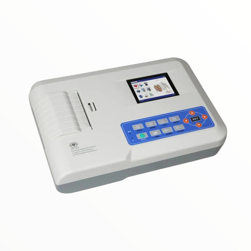 Contec 600G 6 Channel ECG Machine with 7-inch TFT touchscreen, 12-lead ECG recording, thermal printer, and USB connectivity for hospitals and clinics
