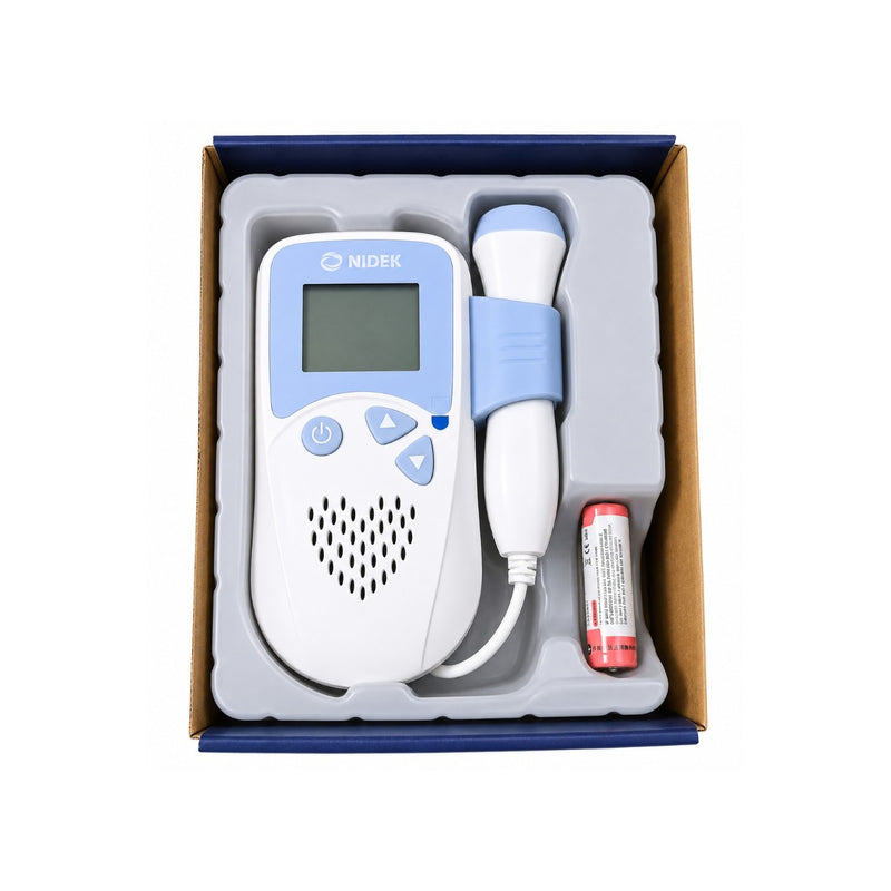 Nidek handheld Fetal Doppler for fetal heart rate monitoring with color LCD display, speaker, earphone output and compact design.