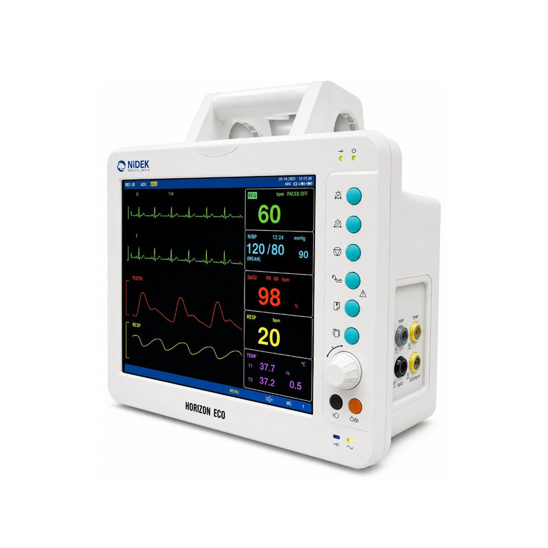Buy Nidek HORIZON ECO 5-parameter patient monitor with 12.1-inch TFT display, ECG, SpO₂, NIBP, temperature, respiration and 96-hour trends.
