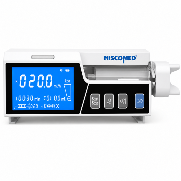 Niscomed SP-08 Syringe Pump with 4.3-inch colour touchscreen, multiple infusion modes, rechargeable battery and high-precision drug delivery