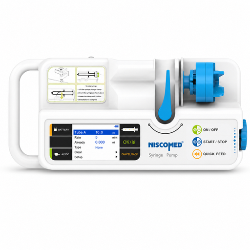 Niscomed SP-06 Syringe Pump with 2.8-inch TFT LCD display, automatic syringe detection, rechargeable battery and precision infusion technology