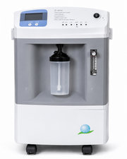 A portable oxygen concentrator machine with a white and gray body, featuring a digital control screen, central oxygen tank, side flow meter, and caster wheels, shown on a plain white background.