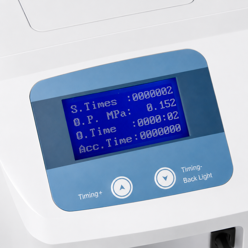 Close-up of a white and blue electronic control panel with a blue backlit LCD screen showing measurement and timing data, plus two round buttons labeled Timing+ and Timing-Back Light.