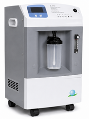 A portable home oxygen concentrator with a gray and white body, featuring a digital control screen on the top panel, a clear collection canister in the center, and black caster wheels at the base.
