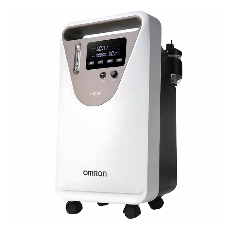 An Omron portable oxygen concentrator on wheels, featuring a white front panel with a digital display screen, a gray control panel, and a black side housing with an attached power cord.