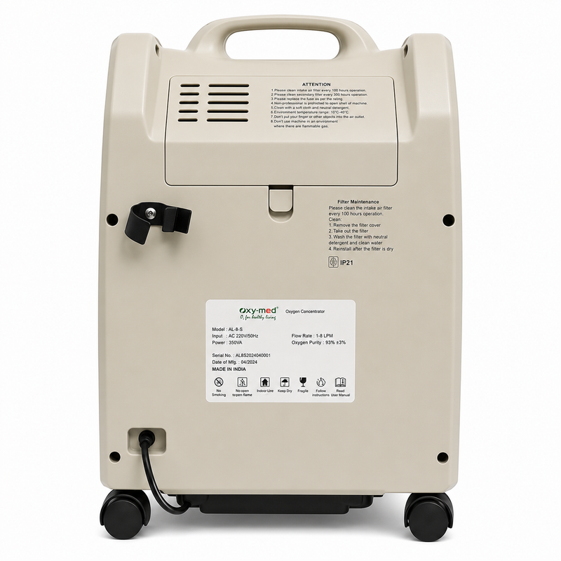 Back view of a beige Geymed portable oxygen concentrator with wheels, a top handle, and a white product label on a white background.