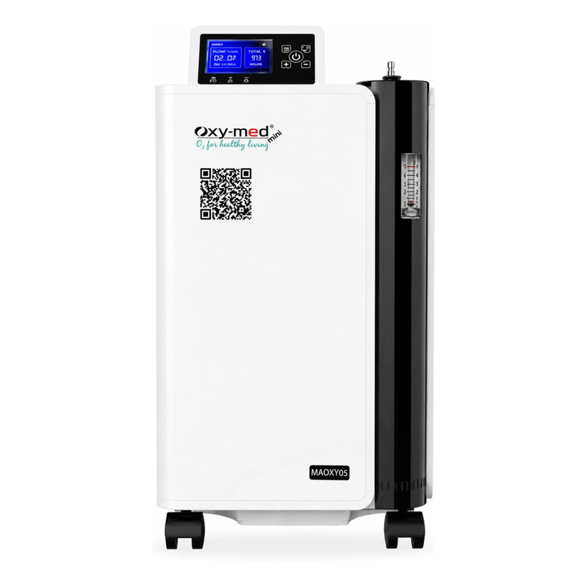 Oxy-Med MAGX95 portable oxygen concentrator in white and black, featuring a digital control screen on top, a QR code on the front, and a side tank, shown against a plain white background.