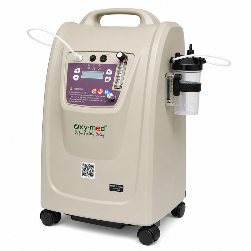 An O2-med portable oxygen concentrator machine in beige with a purple control panel, black wheels, and an attached clear and black gas canister, shown on a white background.