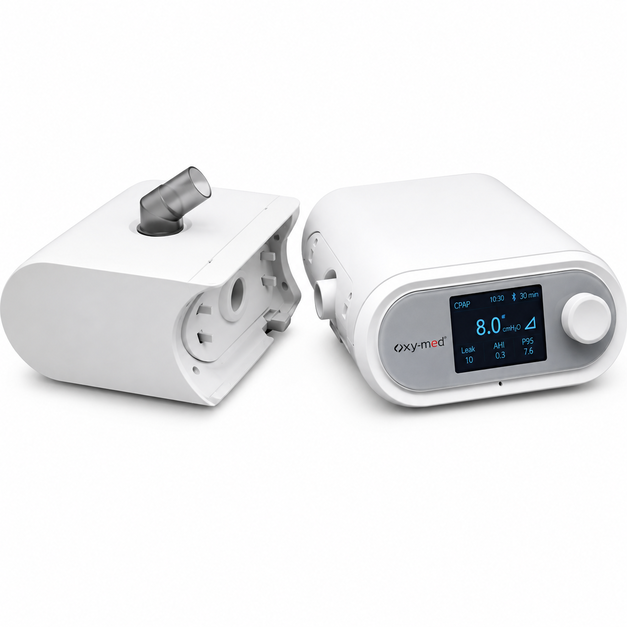 Oxymed SleepEasy Auto CPAP Machine with integrated heated humidifier, APAP technology, digital LCD display and quiet sleep apnea therapy.