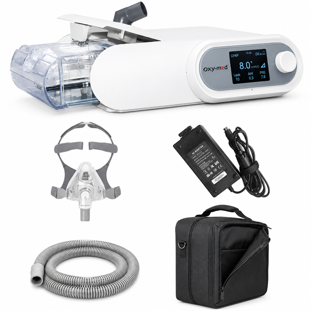 Oxymed SleepEasy Auto CPAP Machine with integrated heated humidifier, APAP technology, digital LCD display and quiet sleep apnea therapy.