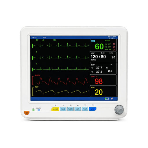 PM 12D Le mutipara patient monitor with ECG, SpO₂, NIBP, respiration and optional temperature monitoring for hospitals and clinics on health yantra store