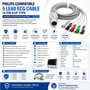 Medical-grade Philips 5 Lead ECG Cable 12 Pin clip type for accurate ECG monitoring in hospitals and ICUs