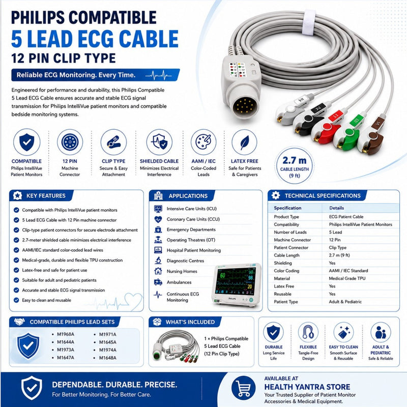 Medical-grade Philips 5 Lead ECG Cable 12 Pin clip type for accurate ECG monitoring in hospitals and ICUs