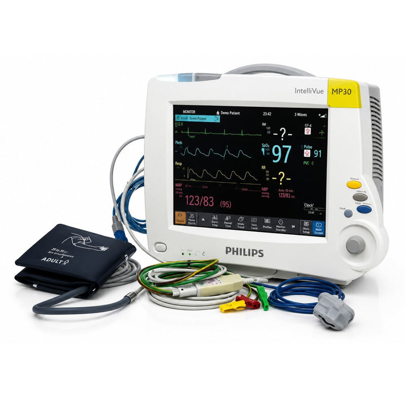 Philips MP30 patient monitor with ECG and SpO2 monitoring