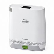 Philips Respironics SimplyGo Mini portable oxygen concentrator in white and gray with a green power button, shown on a white background.
