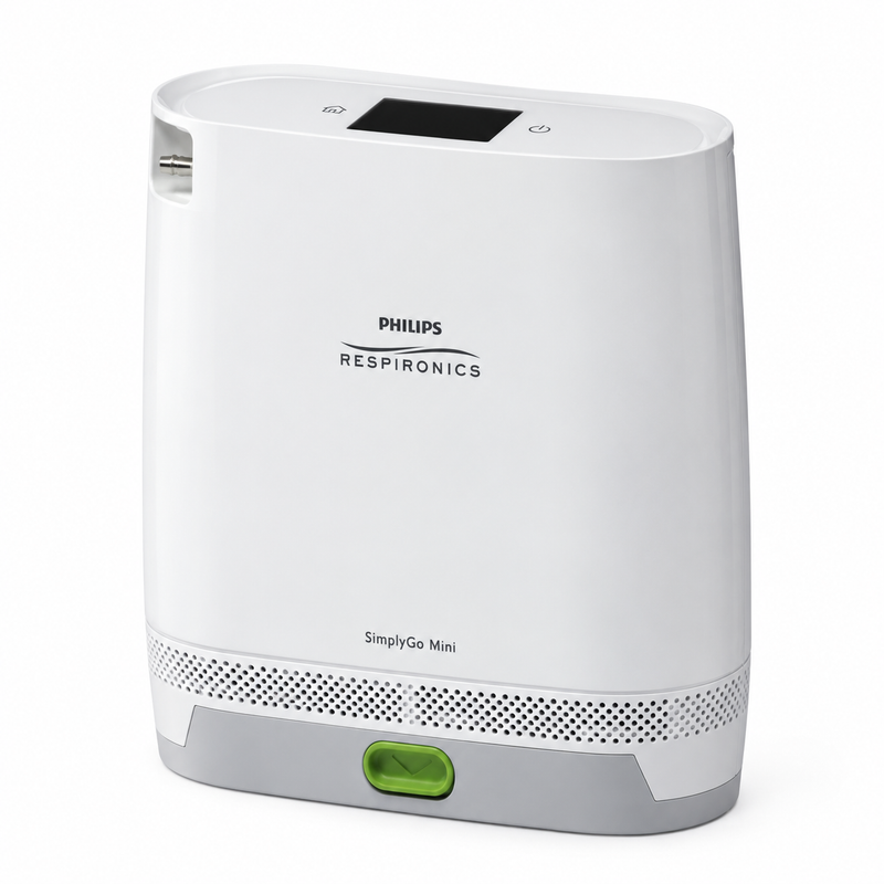 Philips Respironics SimplyGo Mini portable oxygen concentrator in white and gray with a green power button, shown on a white background.