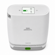 Philips Respironics SimplyGo Mini portable oxygen concentrator in white with a gray base and green power button, shown on a white background.