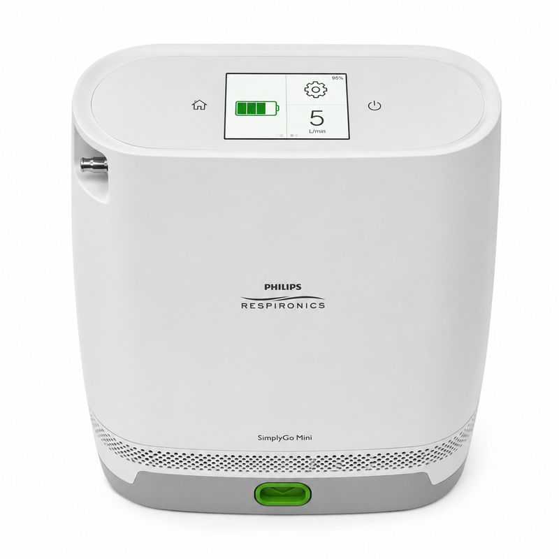 Philips Respironics SimplyGo Mini portable oxygen concentrator in white with a gray base and green power button, shown on a white background.