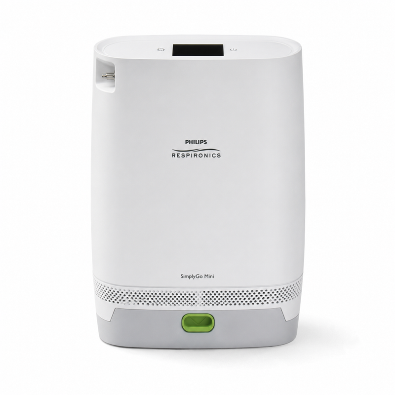 Philips Respironics SimplyGo Mini portable oxygen concentrator in white and gray with a green power button, shown on a white background.