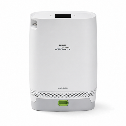 Philips Respironics SimplyGo Mini portable oxygen concentrator in white and gray with a green power button, shown on a white background.