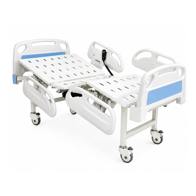White adjustable hospital bed with blue accent panels, shown on a clean white background.