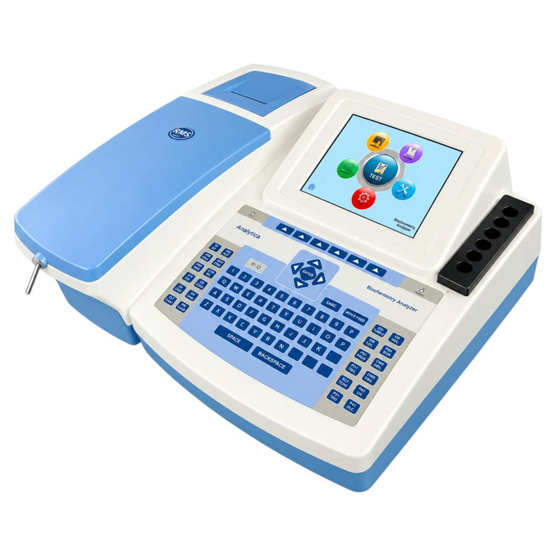 RMS Analytica 705i semi-auto biochemistry analyzer featuring a built-in six-position dry bath incubator