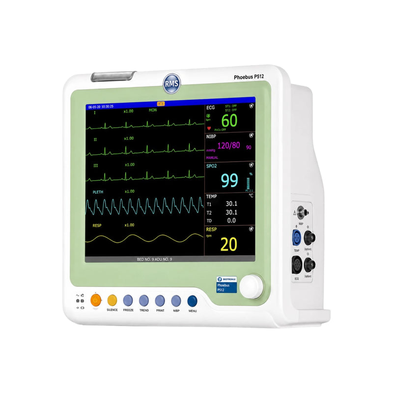 Buy RMS Phoebus P515 Multipara Patient Monitor with ECG, SpO₂, NIBP, RESP, Temperature, optional EtCO₂ & IBP online at Health Yantra Store.