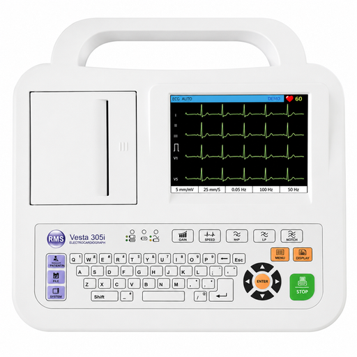 RMS VESTA 305i 3 Channel ECG Machine with simultaneous 12-lead ECG recording, 5.6-inch TFT color display, built-in thermal printer, USB connectivity, and rechargeable battery for hospitals and clinics
