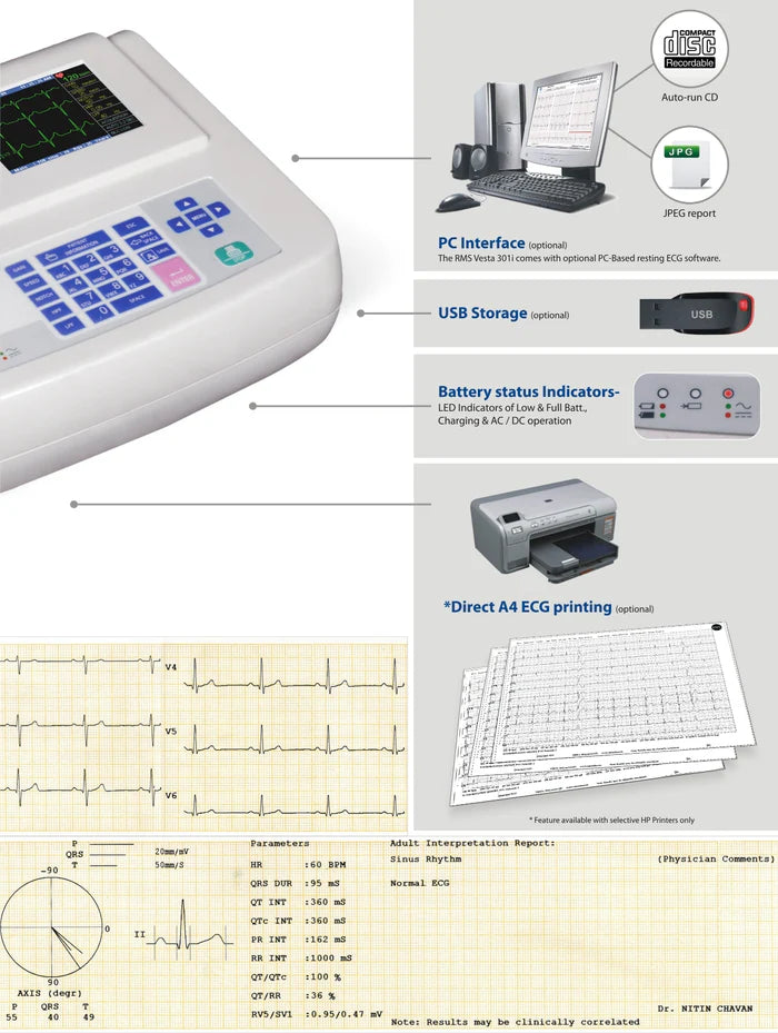 RMS Vesta 301i 3-Channel ECG Machine – Portable Digital ECG with TFT Display