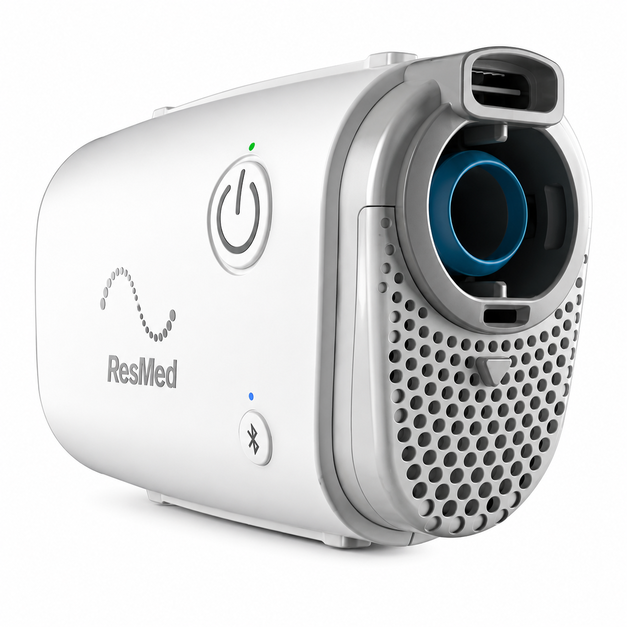ResMed AirMini Travel Auto CPAP Machine with AutoSet technology, HumidX waterless humidification, Bluetooth connectivity, portable sleep apnea therapy device.