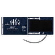 A navy blue adult blood pressure cuff with white printed text and diagrams, a black velcro closure panel, and a gray tubing arm, shown on a plain white background.