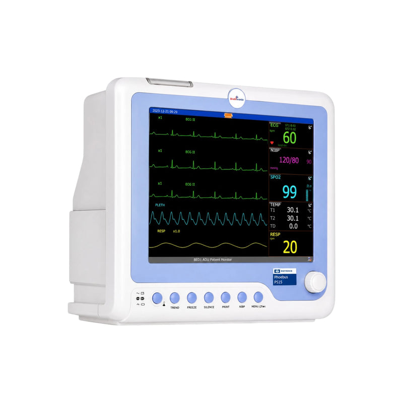 Buy RMS Phoebus P515 Multipara Patient Monitor with ECG, SpO₂, NIBP, RESP, Temperature, optional EtCO₂ & IBP online at Health Yantra Store.