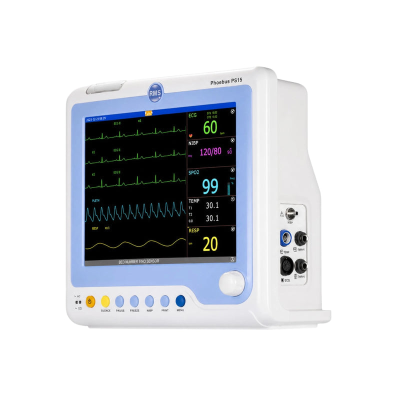 A medical monitor patient monitor with a white housing and a blue-bordered color screen displaying vital signs, photographed on a solid white background.