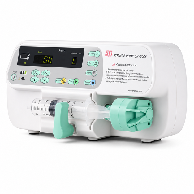 Sino SN-50C6 MDT Syringe Infusion Pump with automatic syringe recognition, IPX4 splash-proof design, LCD display and rechargeable battery, Health Yantra Store