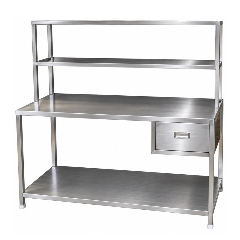 Stainless Steel Medical Instrument Control and Packing Table with Integrated Storage Drawer.
