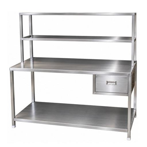 Stainless Steel Medical Instrument Control and Packing Table with Integrated Storage Drawer.