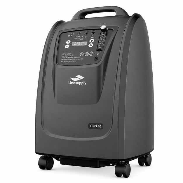 UNO10 10 LPM Oxygen Concentrator with PSA technology, 93% oxygen purity, low noise operation and optional dual-flow oxygen delivery.