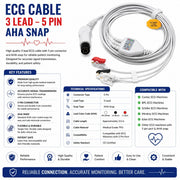 Mindray compatible 3 Lead ECG cable with 6 Pin clip type connector for ICU, OT and hospital patient monitoring 
