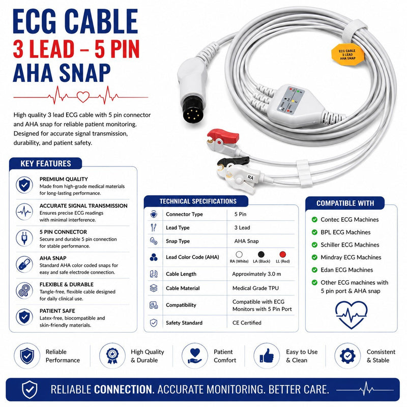 Mindray compatible 3 Lead ECG cable with 6 Pin clip type connector for ICU, OT and hospital patient monitoring 