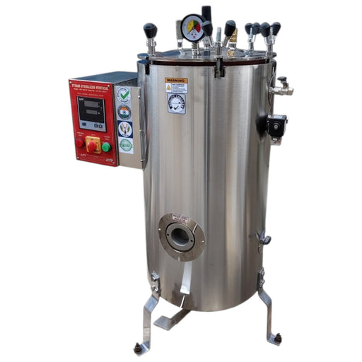 APS vertical autoclave wing nut locking lid with pedal lift digital temperature controller and timer.