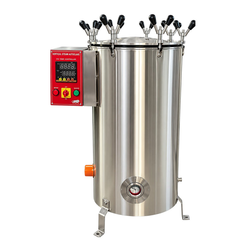 APS vertical triple wall autoclave digital temperature controller wing nut locking with pedal lift.