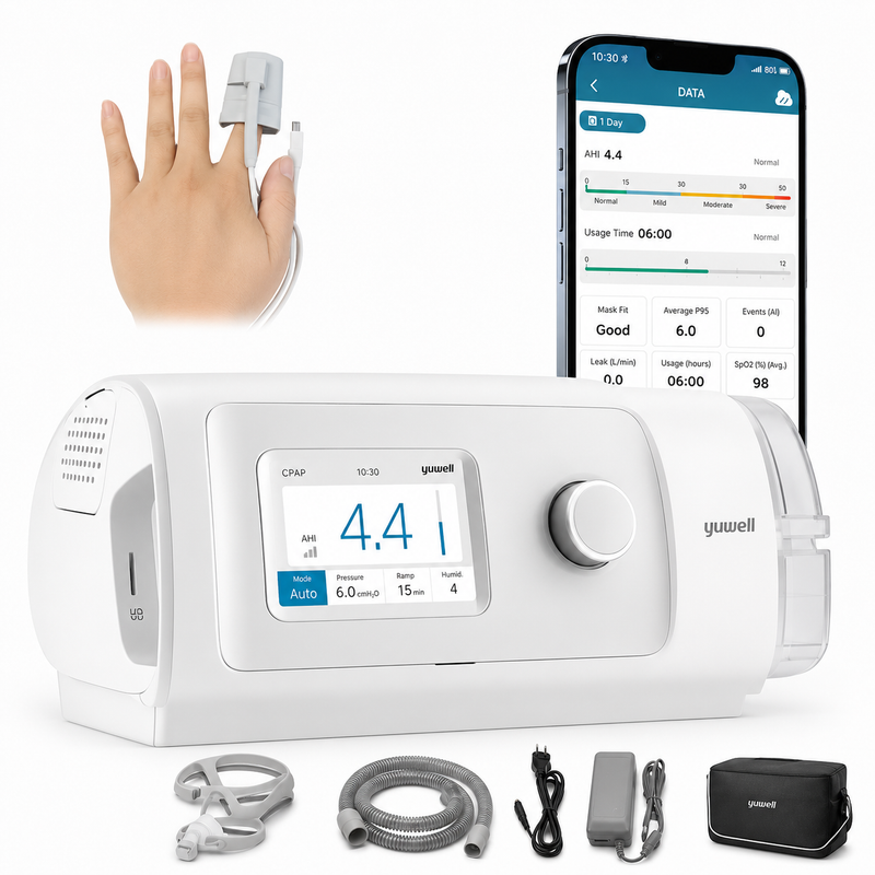 Yuwell YH450 BreathCare Auto CPAP Machine with integrated heated humidifier, color LCD display, Auto CPAP therapy and advanced leak compensation.