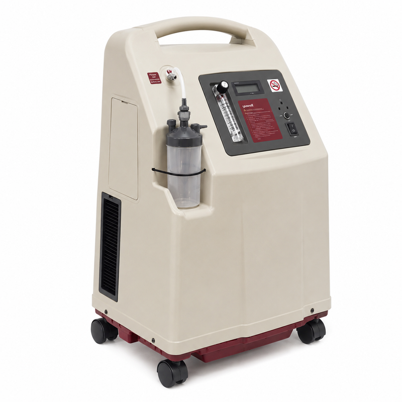 An oxygen concentrator machine with a beige plastic housing, dark red base, black caster wheels, a built-in handle, an attached gas cylinder, and a front control panel with a digital display and gauges.