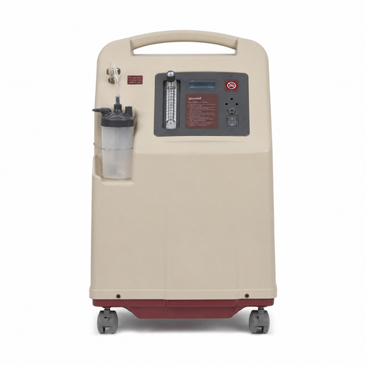 A portable oxygen concentrator machine with a beige plastic housing, a dark gray control panel, a clear gas reservoir, and a dark red base, shown on a white background.