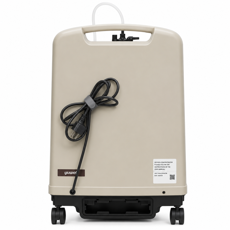 A beige oxygen concentrator shown from the back, featuring a black power cord, wheels, and a handle on a white background.