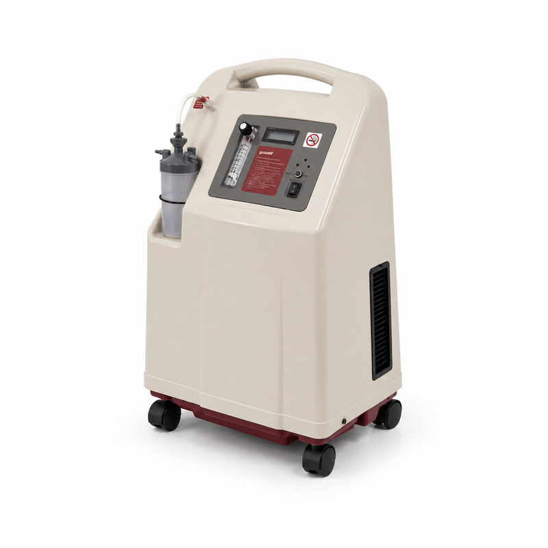 A portable oxygen concentrator machine with a beige plastic housing, dark red base, black caster wheels, and a front control panel with a digital display and interface buttons.